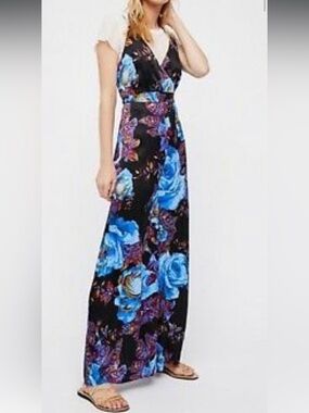 Free People Floral Wrap Maxi Jumpsuit - Black & Blue